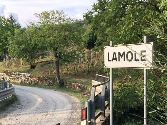 ラーモレ村の看板、奥には畑が広がっています
